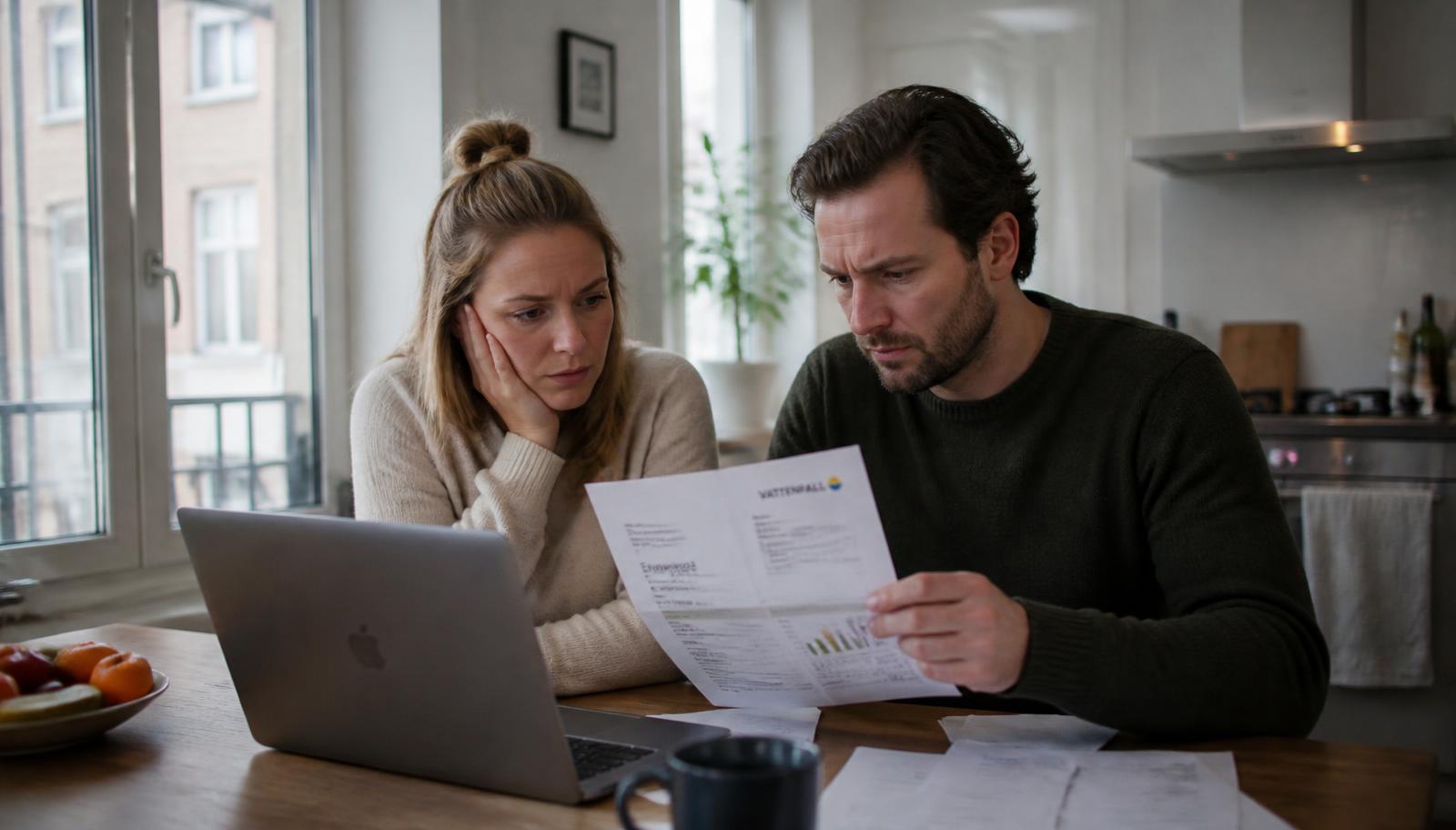 Stel aan de keukentafel bekijkt samen de jaarafrekening van de energieleverancier